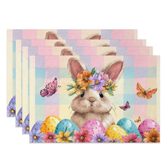 Lofaris Flower Crown Easter Bunny Set of 4 Placemats Colorful Egg Plaid Rabbit Table Mats for Party