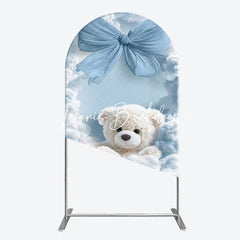 Lofaris Fluffy White Teddy Bear with Blue Bow and Clouds Round Top Arch Backdrop Dreamy Baby Shower Party Decor