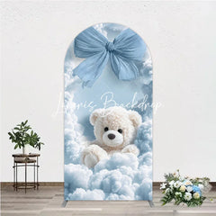 Lofaris Fluffy White Teddy Bear with Blue Bow and Clouds Round Top Arch Backdrop Dreamy Baby Shower Party Decor