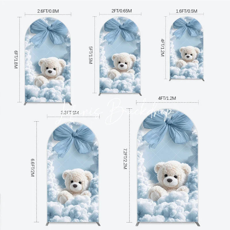 Lofaris Fluffy White Teddy Bear with Blue Bow and Clouds Round Top Arch Backdrop Dreamy Baby Shower Party Decor