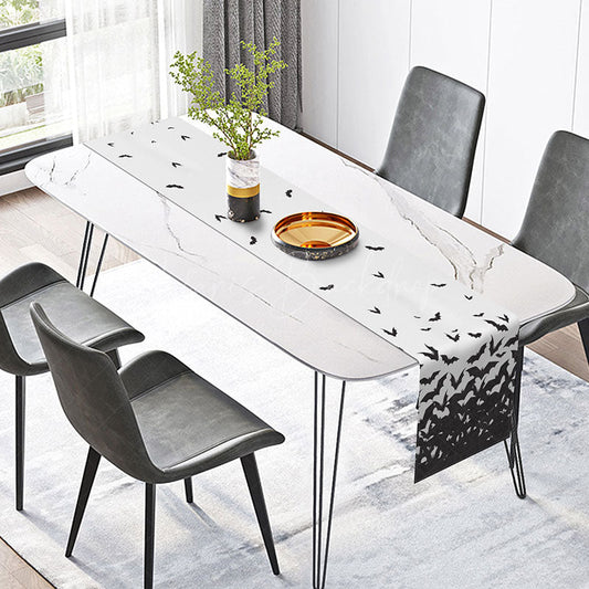 Lofaris Flying Bats Halloween Table Runner Spooky Black Bat Flock on a White Background Gothic Dining Room Decor