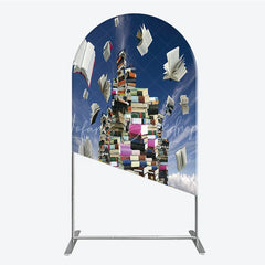 Lofaris Flying Books and Stacked Literature Round Top Arch Backdrop Blue Sky Educational Theme Decor