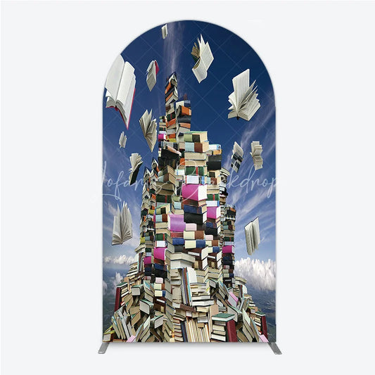 Lofaris Flying Books and Stacked Literature Round Top Arch Backdrop Blue Sky Educational Theme Decor