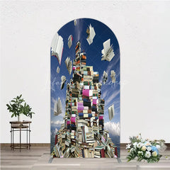 Lofaris Flying Books and Stacked Literature Round Top Arch Backdrop Blue Sky Educational Theme Decor