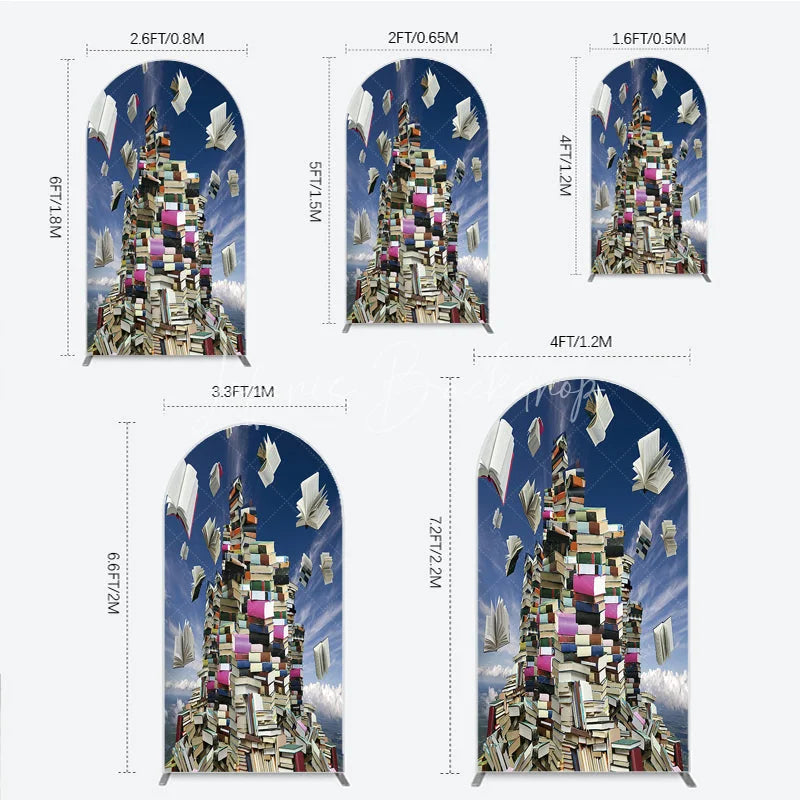 Lofaris Flying Books and Stacked Literature Round Top Arch Backdrop Blue Sky Educational Theme Decor