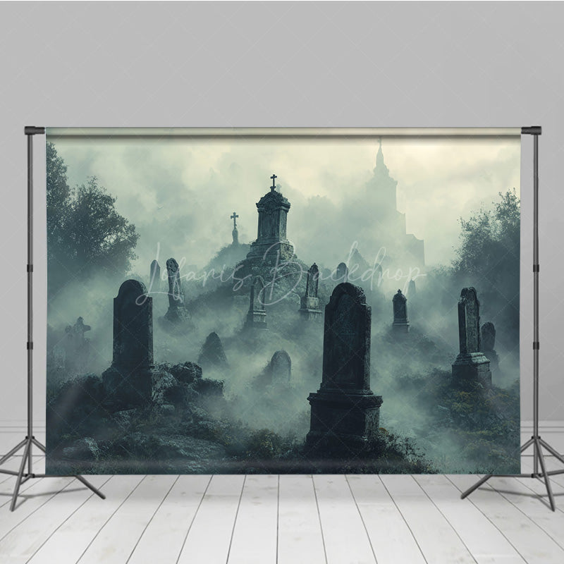 Lofaris Foggy Graveyard Photography Backdrop Spooky Cemetery with Tombstones Gothic Horror Scene for Halloween Photos