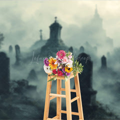 Lofaris Foggy Graveyard Photography Backdrop Spooky Cemetery with Tombstones Gothic Horror Scene for Halloween Photos