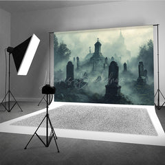 Lofaris Foggy Graveyard Photography Backdrop Spooky Cemetery with Tombstones Gothic Horror Scene for Halloween Photos
