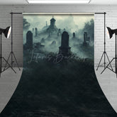 Lofaris Foggy Graveyard Sweep Backdrop Spooky Cemetery with Tombstones Gothic Horror Scene for Halloween Photos