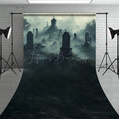 Lofaris Foggy Graveyard Sweep Backdrop Spooky Cemetery with Tombstones Gothic Horror Scene for Halloween Photos