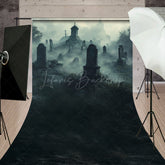 Lofaris Foggy Graveyard Sweep Backdrop Spooky Cemetery with Tombstones Gothic Horror Scene for Halloween Photos