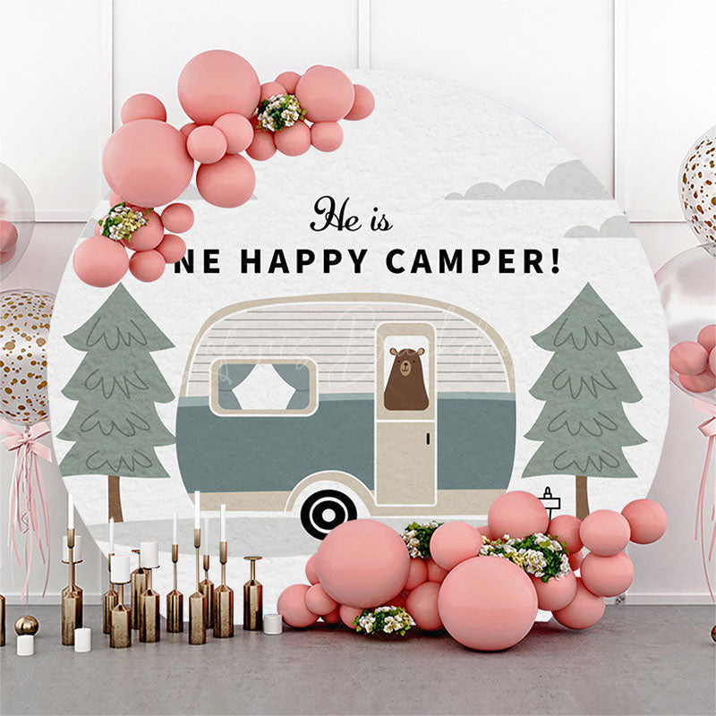 Lofaris Forest Bear One Happy Camper Round Birthday Backdrop