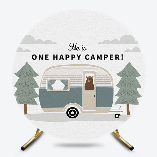 Lofaris Forest Bear One Happy Camper Round Birthday Backdrop