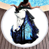 Lofaris Forest Howls Wolves Cartoon Vibe Round Beach Towel