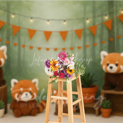 Lofaris Forest Red Panda Photography Backdrop Misty Woodland and Orange Bunting Photo Background
