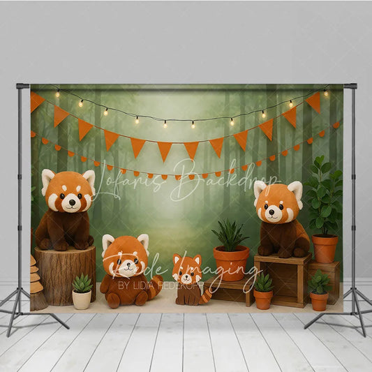 Lofaris Forest Red Panda Photography Backdrop Misty Woodland and Orange Bunting Photo Background