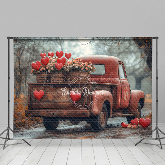 Lofaris Forest Road Retro Red Truck Floral Hearts Backdrop