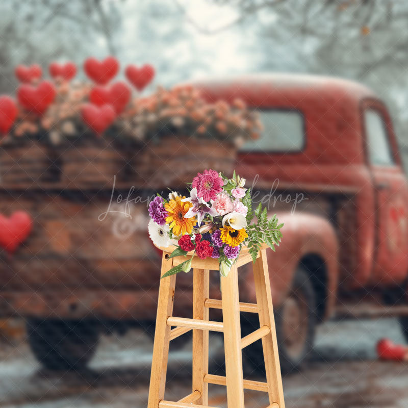 Lofaris Forest Road Retro Red Truck Floral Hearts Backdrop