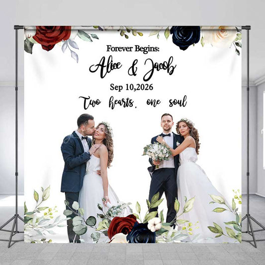 Lofaris Forever Begins Custom Wedding Backdrop Personalized Photo and Date Sign Burgundy Navy Floral Welcome Banner