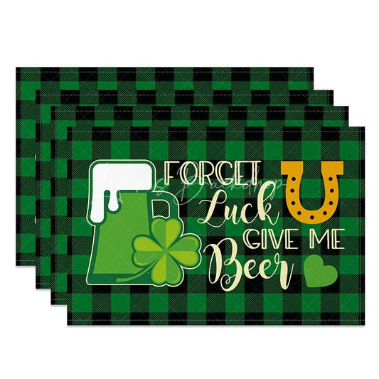 Lofaris Forget Luck Give Me Beer Set of 4 Placemats Funny St. Patricks Day Plaid Table Mats for Bar and Dining