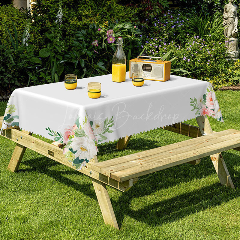 Lofaris Four Corner Flower Print White Rectangular Tablecloth