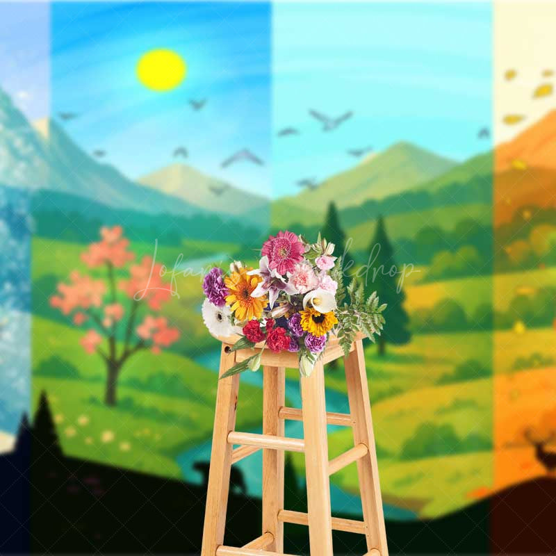 Lofaris Four Seasons of the Year Photography Backdrop Winter Spring Summer and Fall Forest Mountain Scenery Photo Prop