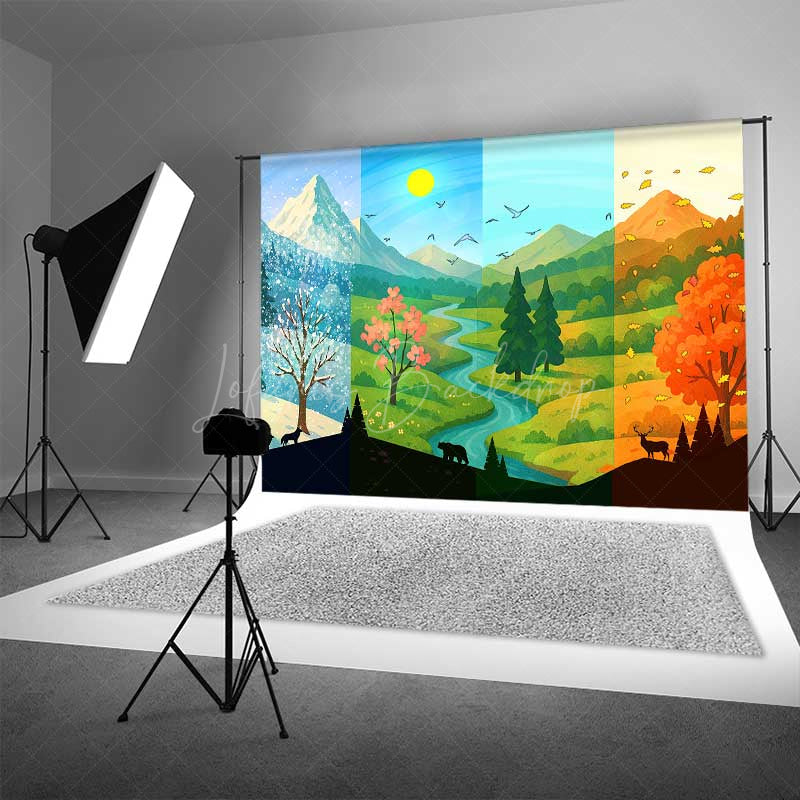 Lofaris Four Seasons of the Year Photography Backdrop Winter Spring Summer and Fall Forest Mountain Scenery Photo Prop