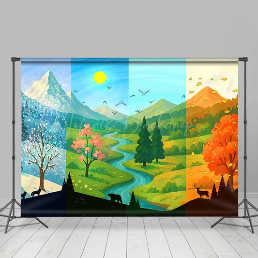 Lofaris Four Seasons of the Year Photography Backdrop Winter Spring Summer and Fall Forest Mountain Scenery Photo Prop