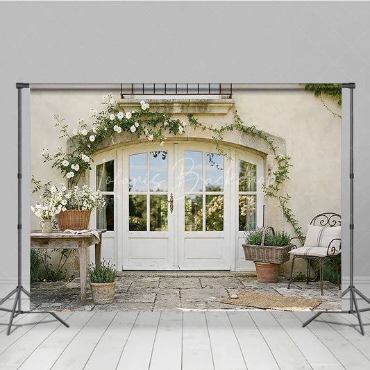 Lofaris French Country Arched White Door Photography Backdrop with Climbing Roses and Stone Wall Rustic Garden Scene