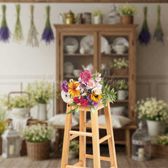 Lofaris French Country Kitchen Backdrop Rustic Hutch with Dried Lavender and Daisies Farmhouse Spring Photo Prop Decor