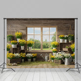 Lofaris Fresh Floral Spring Scene With Wood Cabin Backdrop