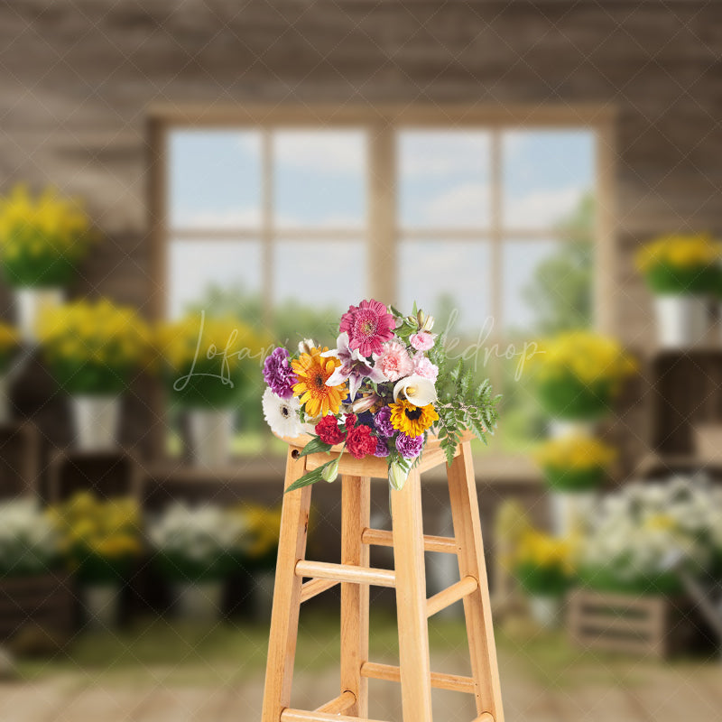 Lofaris Fresh Floral Spring Scene With Wood Cabin Backdrop