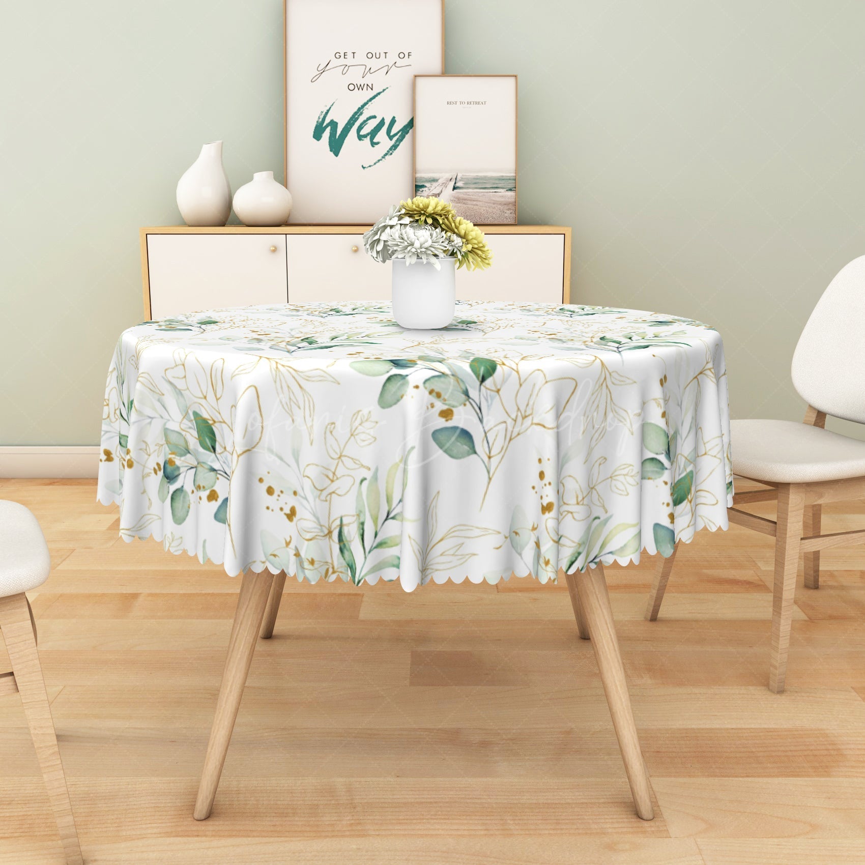 Lofaris Fresh Green Gold Leaf Watercolor Rectangle Tablecloth