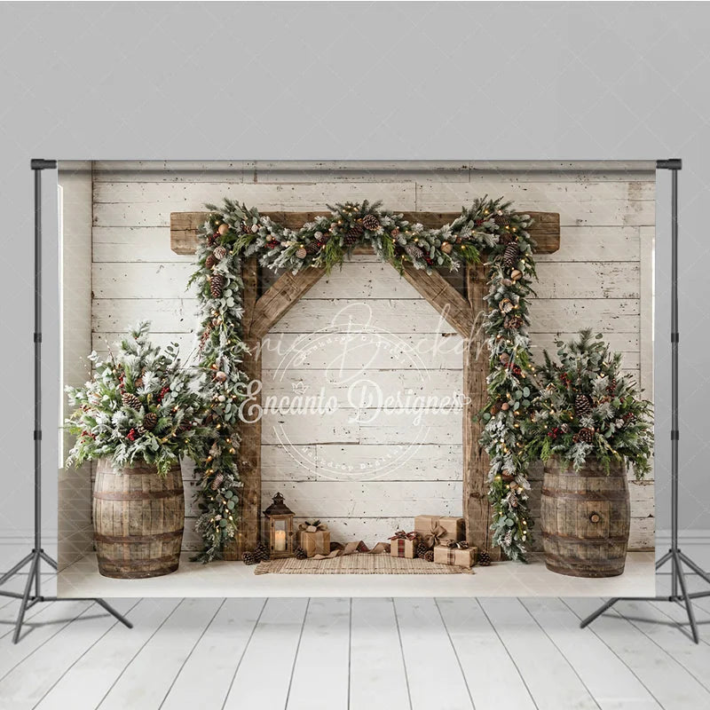 Lofaris Frosted Pine Garland Wooden Arch Holiday Backdrop with Rustic Barrels and Christmas Gifts Winter Festive Decor