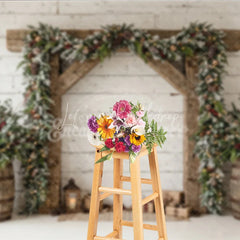 Lofaris Frosted Pine Garland Wooden Arch Holiday Backdrop with Rustic Barrels and Christmas Gifts Winter Festive Decor