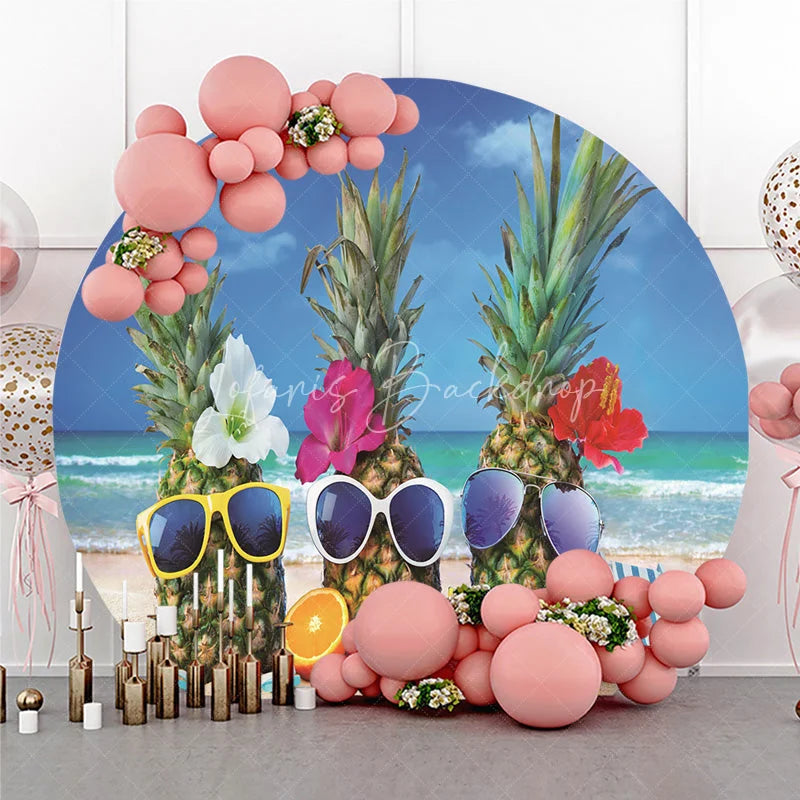 Lofaris Fun Tropical Pineapples with Sunglasses and Flowers Round Backdrop Sunny Beach Summer Vacation Party Decor