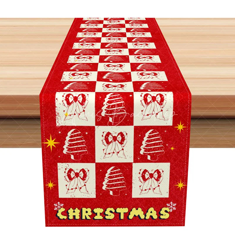 Lofaris Funky Red Checkered Christmas Table Runner Retro Trees and Bows Holiday Party Dining Decor