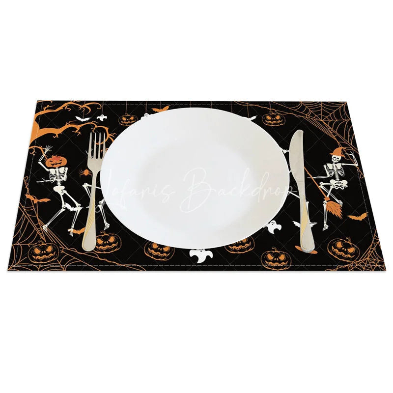 Lofaris Funny Dancing Skeleton and Jack-O’-Lantern Set of 4 Placemats for Spooky Fun Halloween Decor
