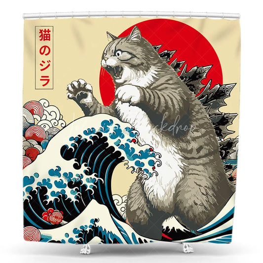 Lofaris Funny Giant Cat Wave Shower Curtain Vintage Japanese Ocean Red Sun Humorous Animal Bathroom Decor