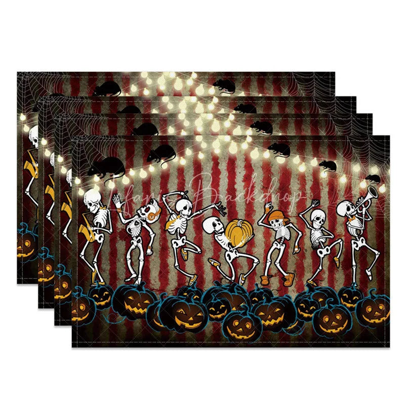Lofaris Funny Halloween Set of 4 Placemats with Dancing Skeleton Mouse and Spiderweb for Kids Party Decor