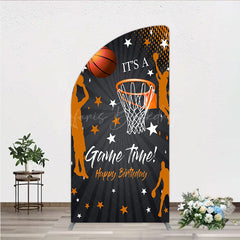 Lofaris Game Time Happy Birthday Half Moon Arch Backdrop Basketball and Hoop Sports Theme Slam Dunk Star Player Party Photo Prop