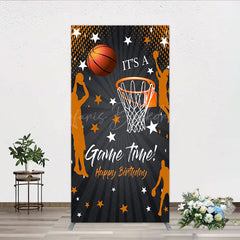 Lofaris Game Time Happy Birthday Rectangle Backdrop Basketball and Hoop Sports Theme Slam Dunk Star Player Party Photo Prop