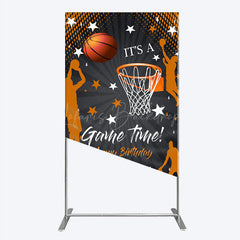 Lofaris Game Time Happy Birthday Rectangle Backdrop Basketball and Hoop Sports Theme Slam Dunk Star Player Party Photo Prop