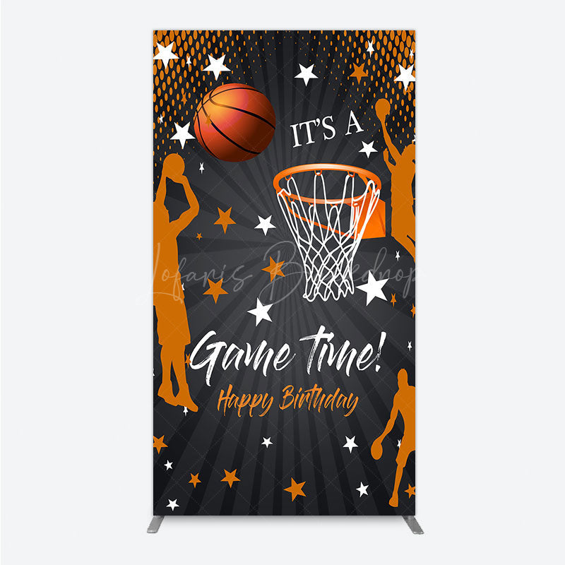 Lofaris Game Time Happy Birthday Rectangle Backdrop Basketball and Hoop Sports Theme Slam Dunk Star Player Party Photo Prop