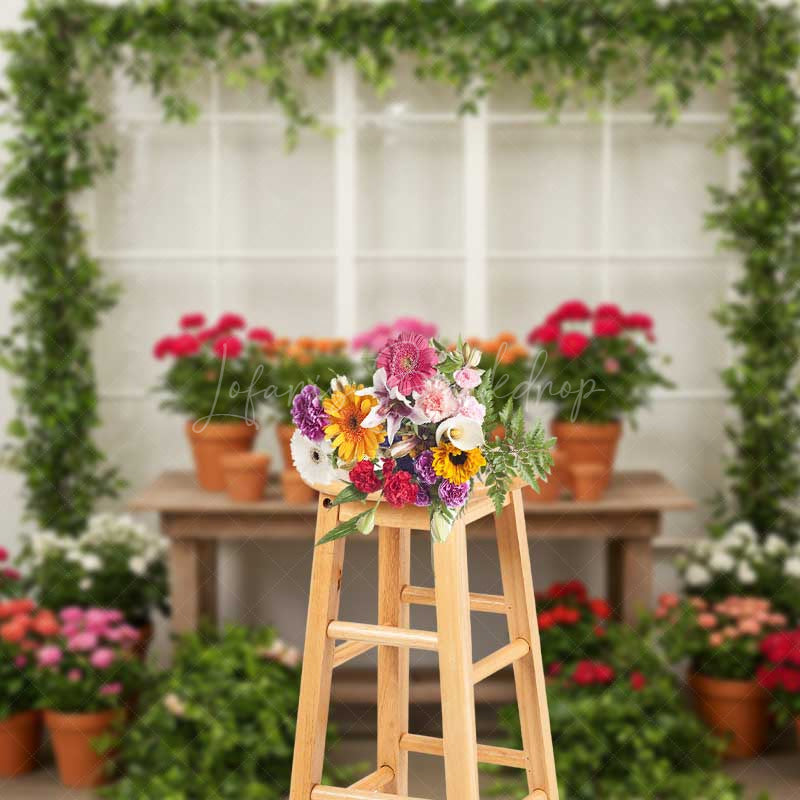 Lofaris Garden Greenhouse Potting Station Backdrop Potted Geraniums and Ivy Spring Floral Photography Background Prop