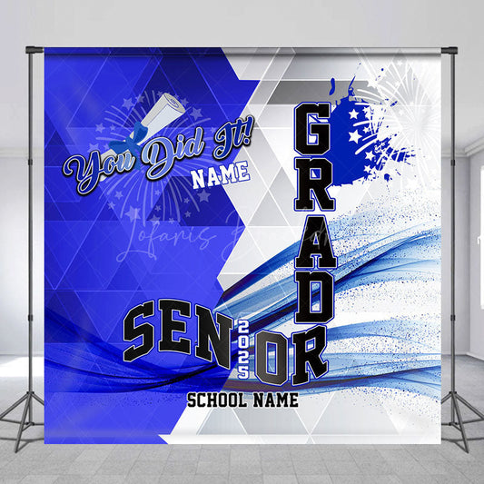 Lofaris Geometric Blue White Senior 2025 Custom Grad Backdrop