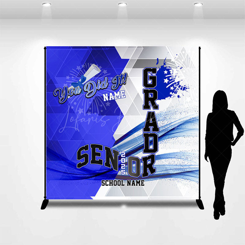 Lofaris Geometric Blue White Senior 2025 Custom Grad Backdrop
