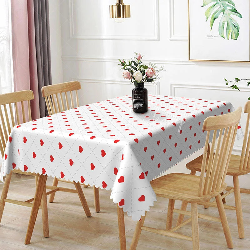 Lofaris Geometric Heart Diamond Grid Rectangle Tablecloth Red Dotted Line Pattern Modern Valentine Dining Decor