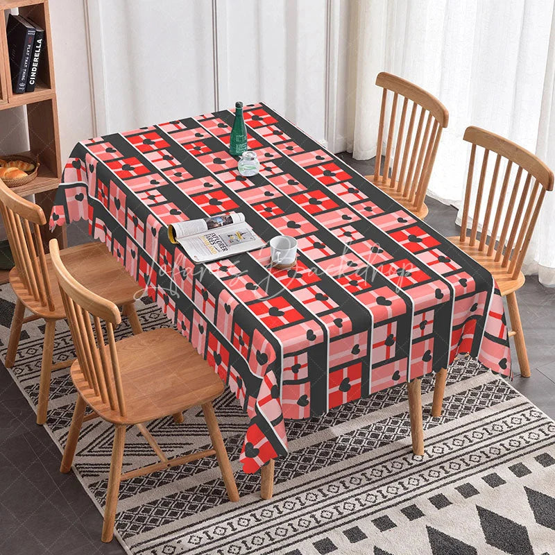 Lofaris Geometric Heart Gift Box Rectangle Tablecloth Red and Pink Squares on Black Modern Valentine Plaid Dining Decor
