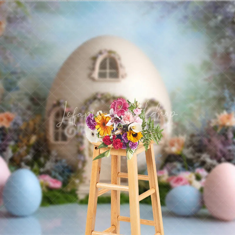 Lofaris Giant Egg House Easter Photography Backdrop Pastel Eggs and Spring Floral Garden Studio Background